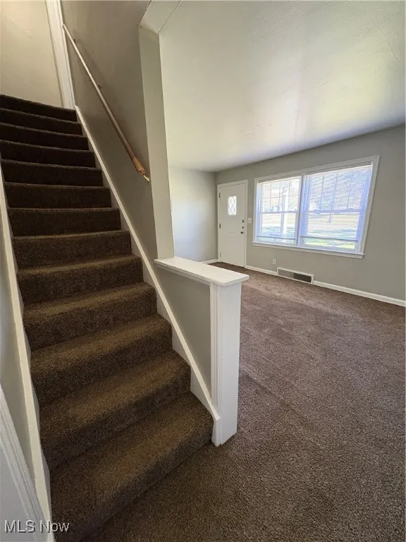 Staircase featuring carpet floors and baseboards