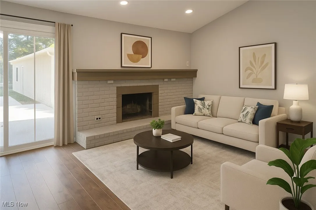 Living room with wood finished floors, recessed lighting, and a brick fireplace
