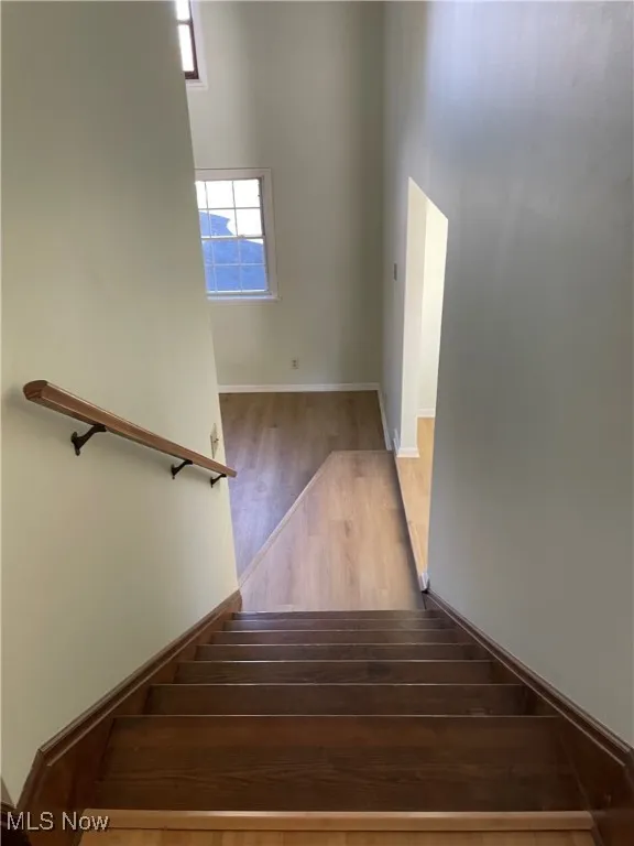 Staircase with wood finished floors and a high ceiling