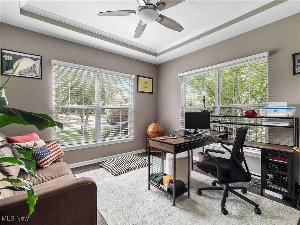 Home office with a raised ceiling, wood finished floors, and a ceiling fan