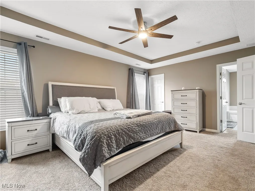 Bedroom featuring a tray ceiling, light colored carpet, ceiling fan, a textured ceiling, and multiple windows