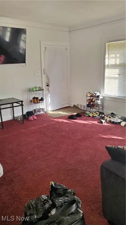 Living room featuring carpet and ornamental molding
