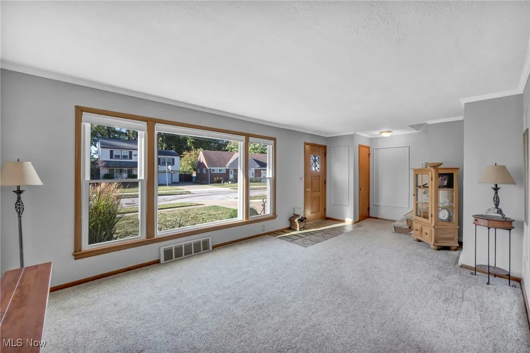Unfurnished living room featuring crown molding, carpet floors, a textured ceiling, and a residential view