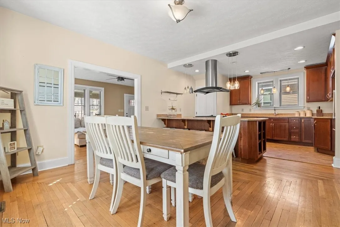 Dining area featuring light wood-style flooring and ceiling fan