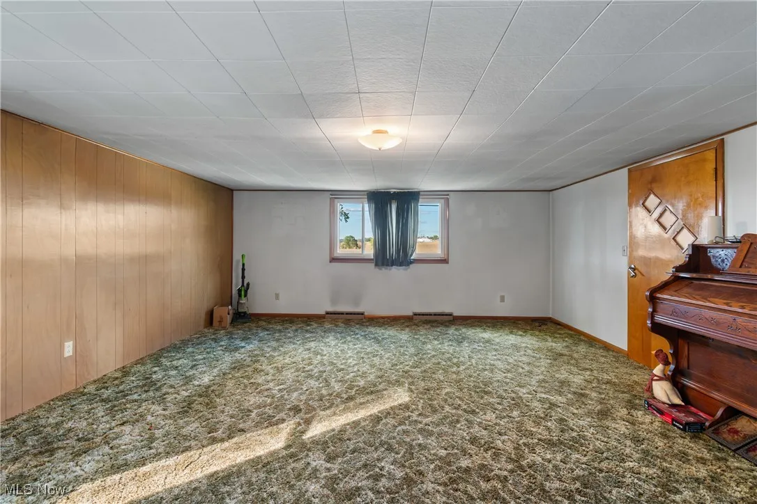 Empty room featuring carpet floors and wood walls