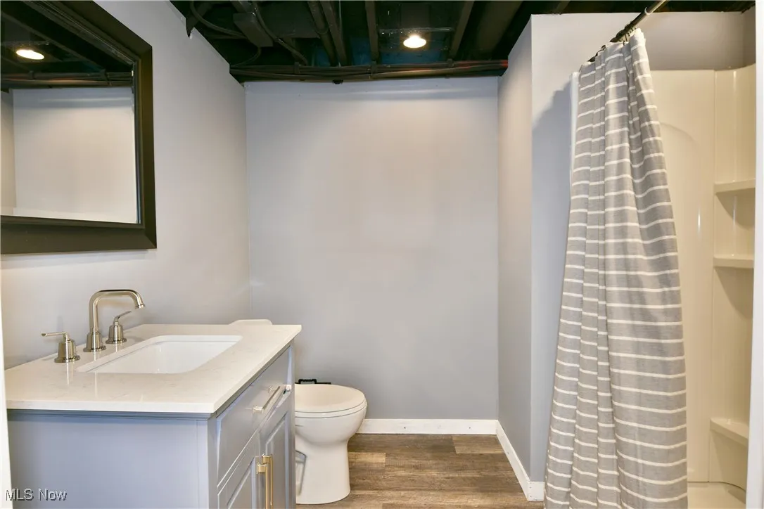 Full bathroom featuring a shower stall, vanity, and dark wood-type flooring