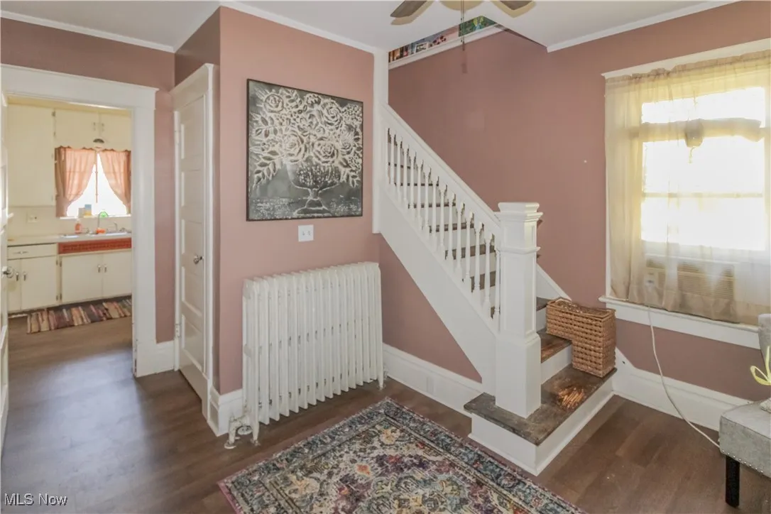 Stairway with ornamental molding, radiator heating unit, wood finished floors, and a ceiling fan