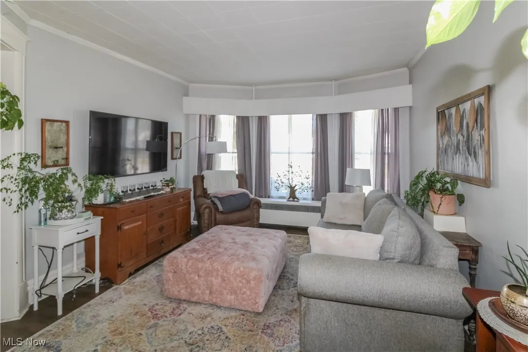 Living room featuring ornamental molding and wood finished floors