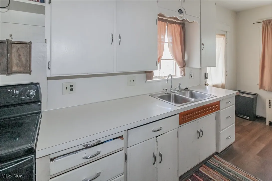 Kitchen with white cabinets, light countertops, and dark wood-style flooring