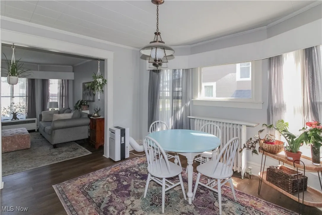 Dining area featuring ornamental molding, radiator heating unit, and dark wood-style floors