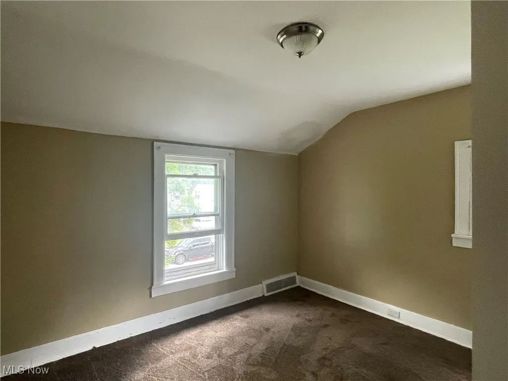Additional living space featuring dark carpet and vaulted ceiling