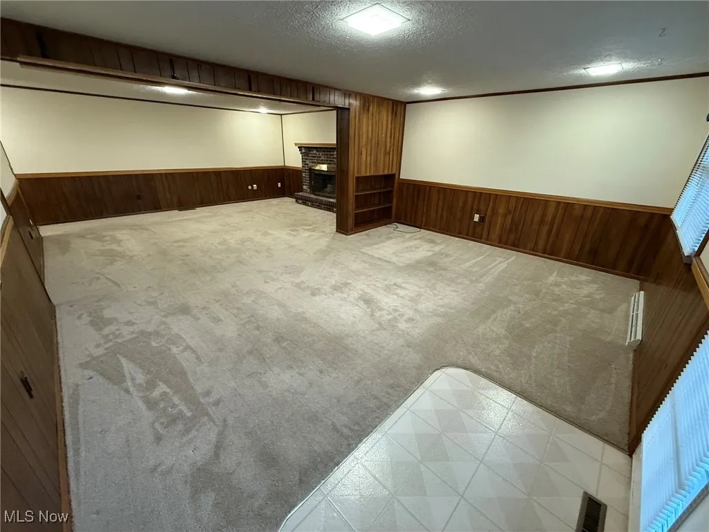Finished below grade area with wooden walls, a textured ceiling, a fireplace, wainscoting, and carpet