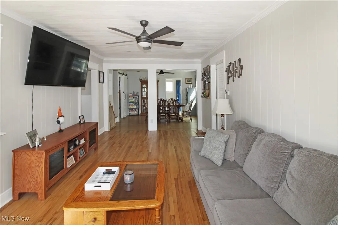 Living room featuring light wood finished floors, ornamental molding, and ceiling fan