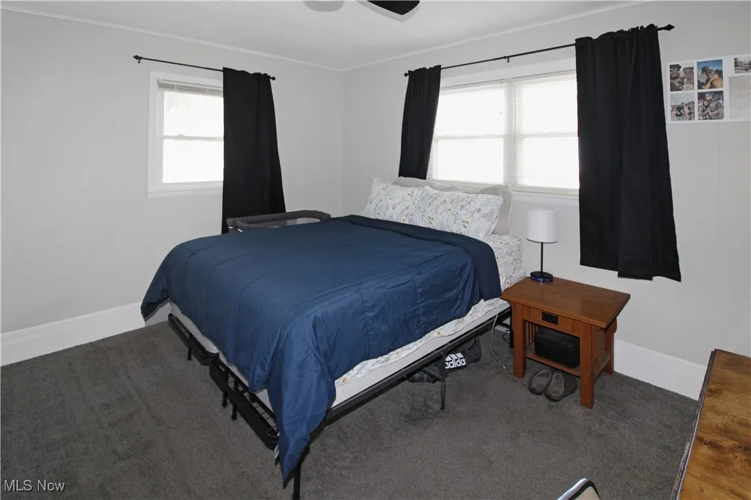 Carpeted bedroom with a ceiling fan and ornamental molding