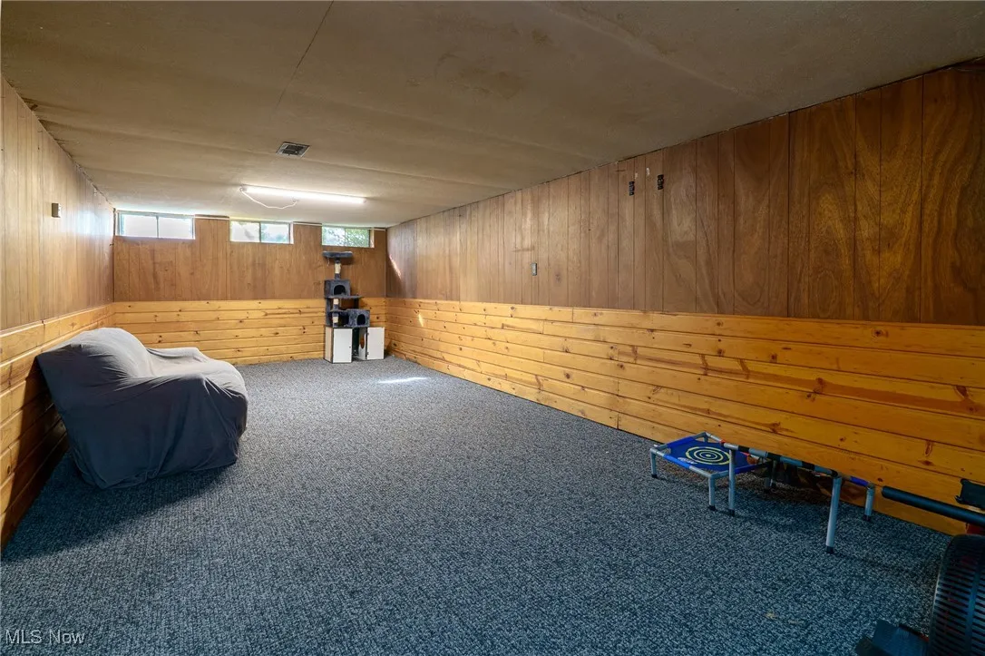 Sitting room featuring wood walls and carpet flooring