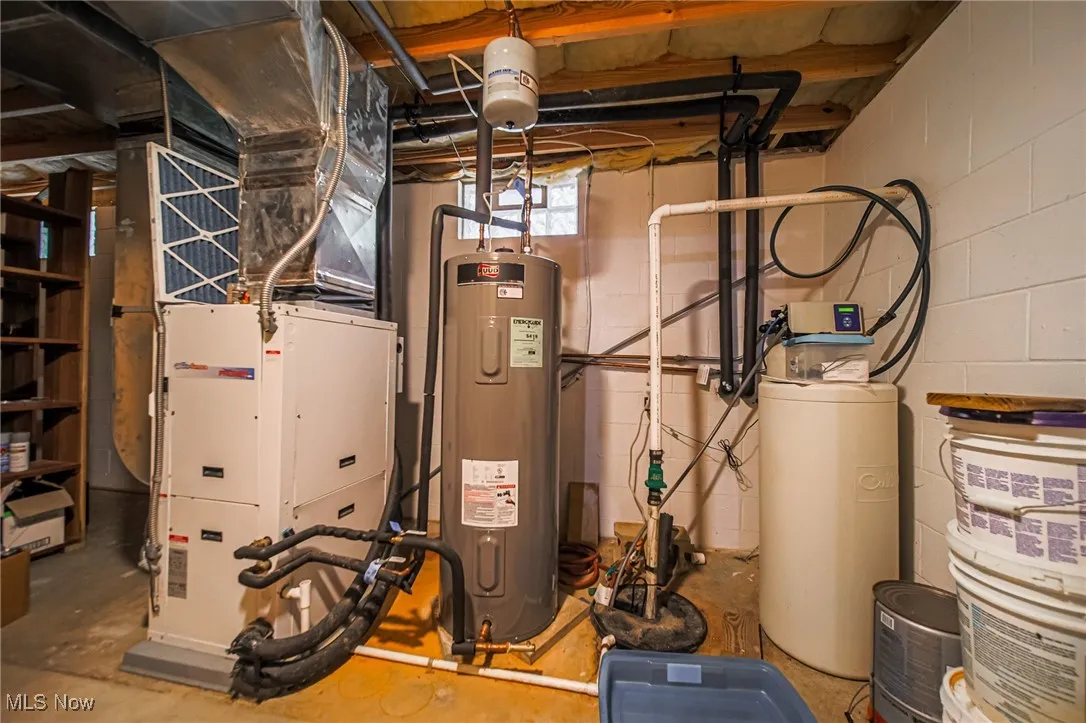 Utility room featuring electric water heater and heating unit