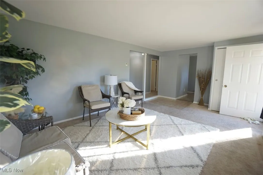 Living area with carpet floors and baseboards