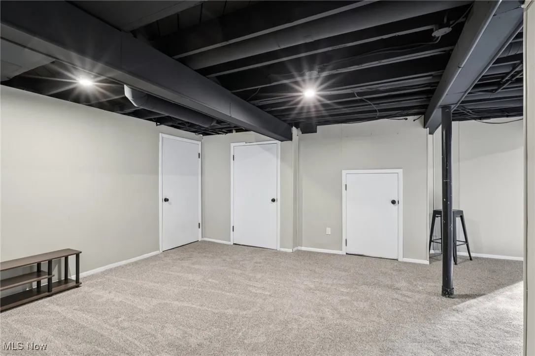 Finished below grade area featuring light colored carpet