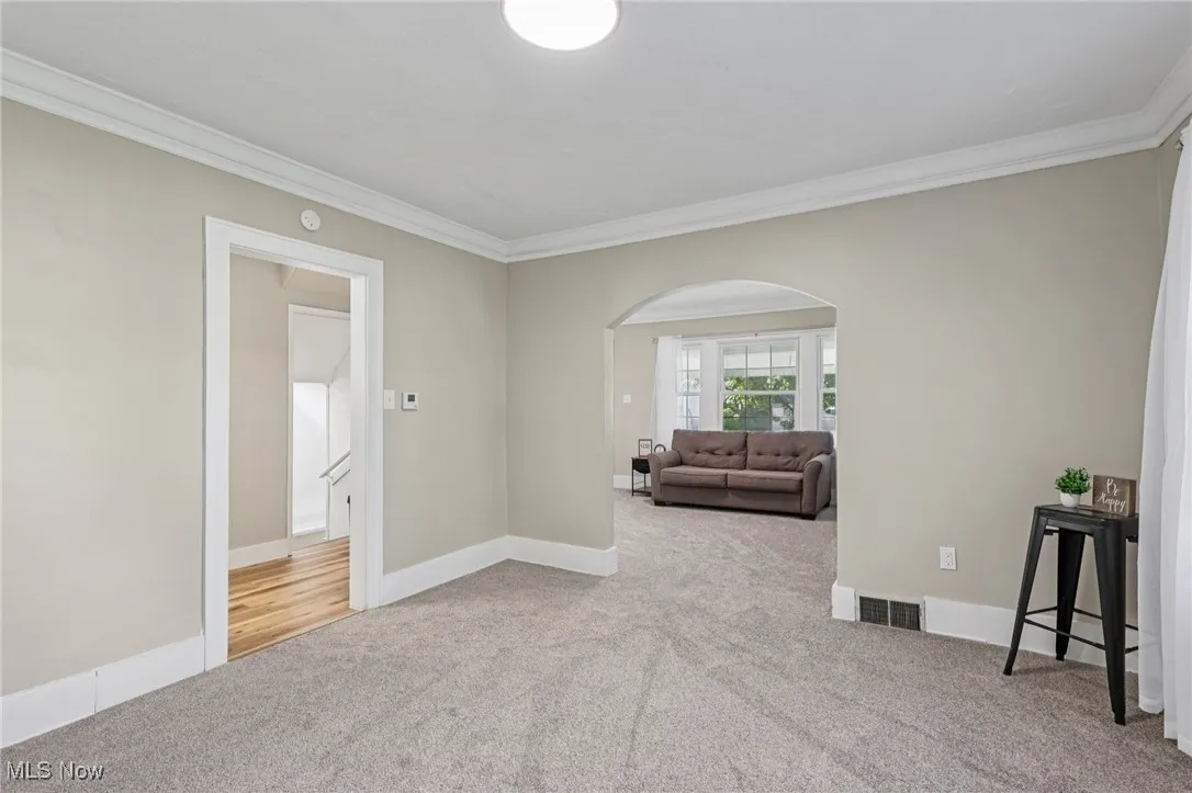 Unfurnished room featuring crown molding, light carpet, and arched walkways