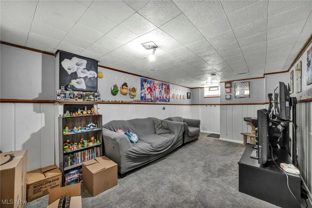 Carpeted living room with ornamental molding