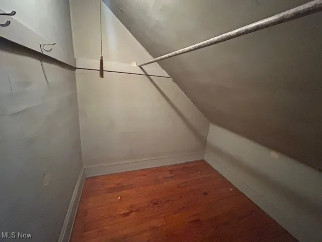Spacious closet with dark wood-style flooring and lofted ceiling