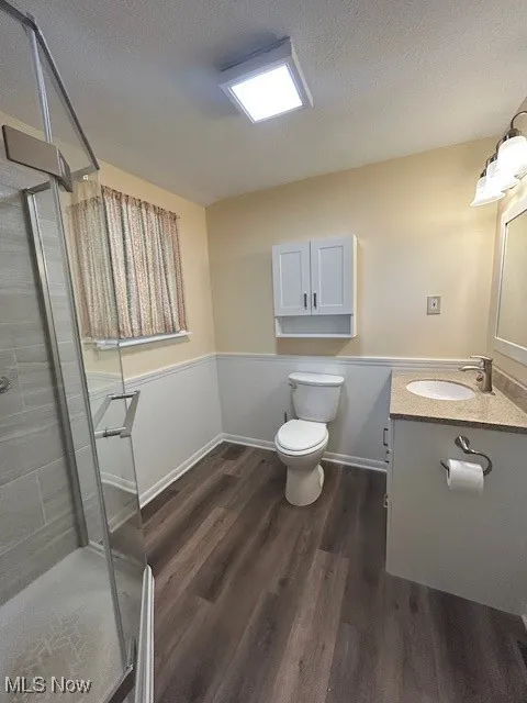 First floorFull bath featuring vanity, a shower stall, dark wood-style floors, and a textured ceiling