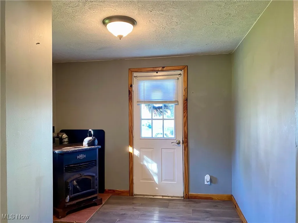 Entryway featuring wood finished floors and a textured ceiling