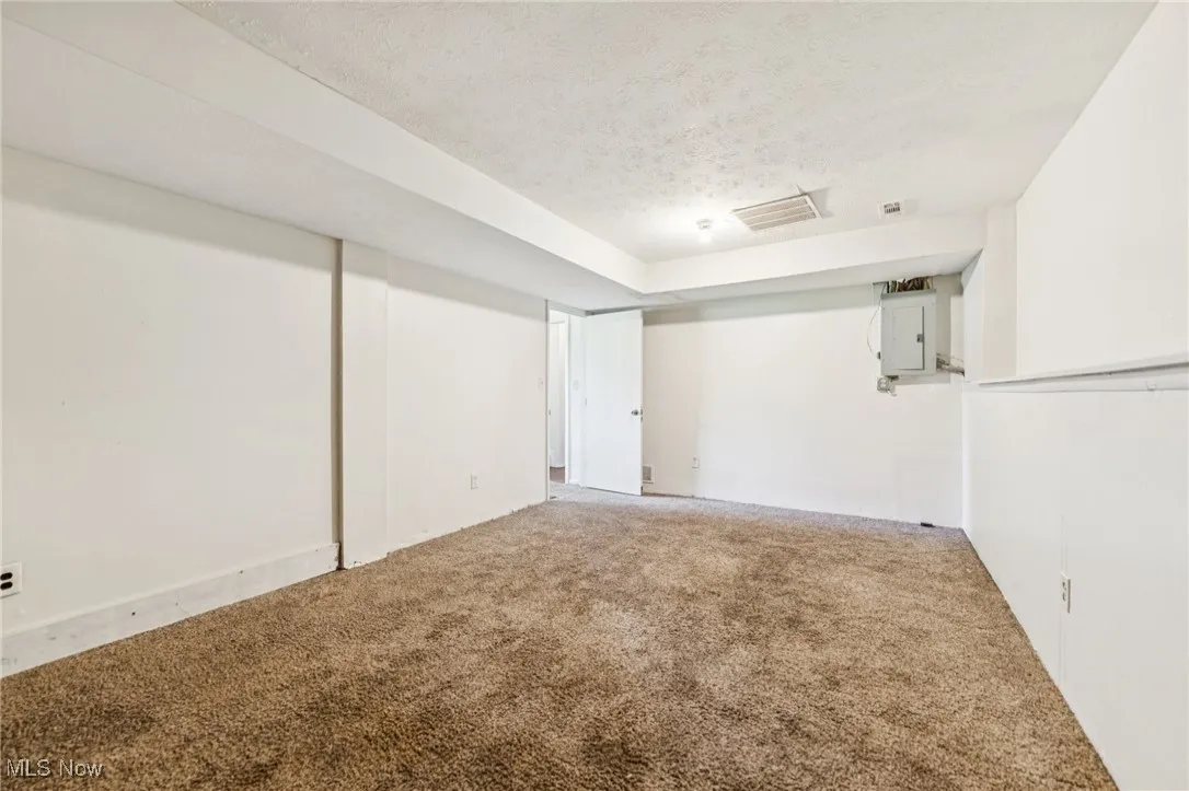 Finished below grade area with a textured ceiling, carpet flooring, and electric panel