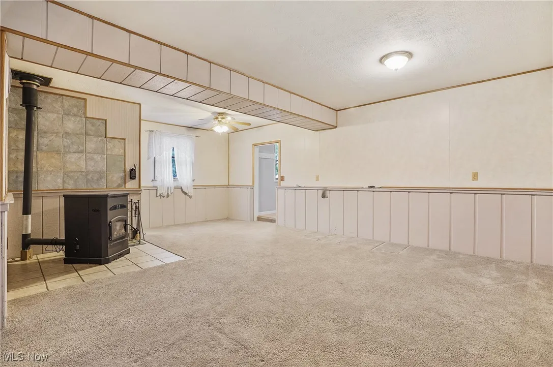 Below grade area with a wood stove, carpet flooring, ceiling fan, a decorative wall, and wainscoting