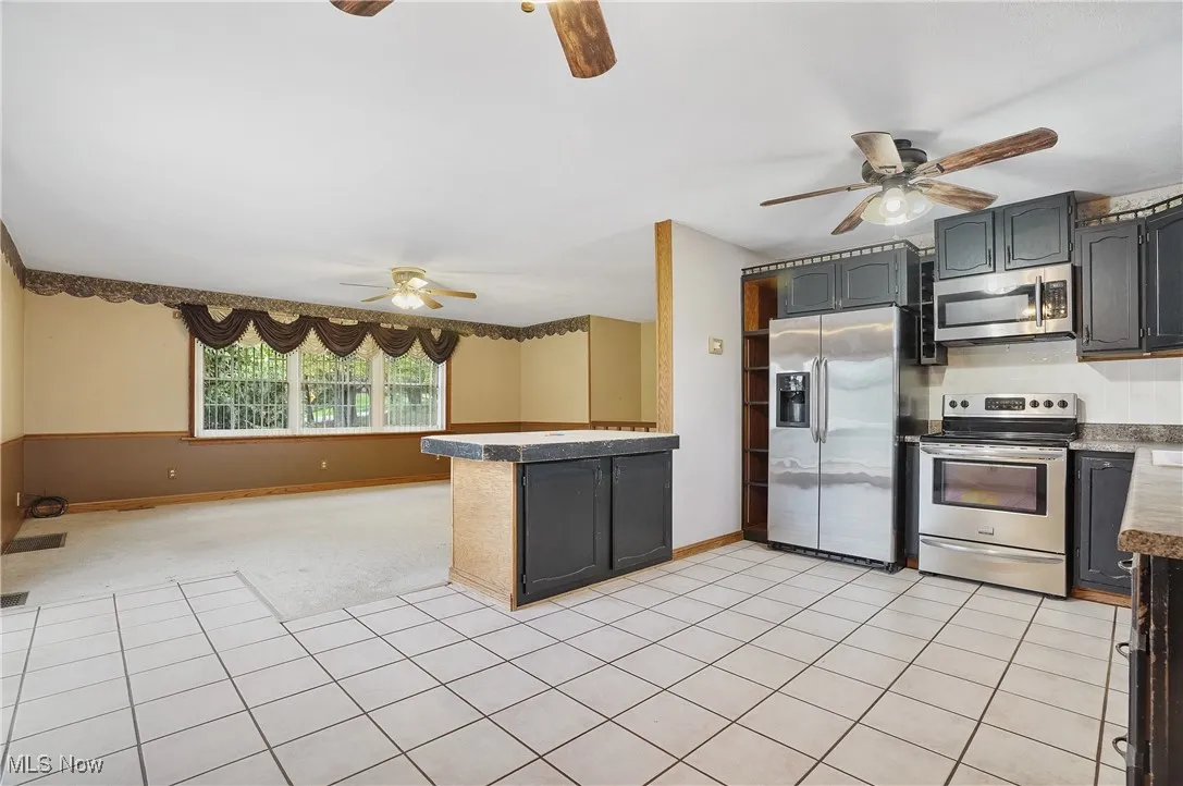 Kitchen with appliances with stainless steel finishes, light tile patterned floors, open floor plan, a peninsula, and light colored carpet