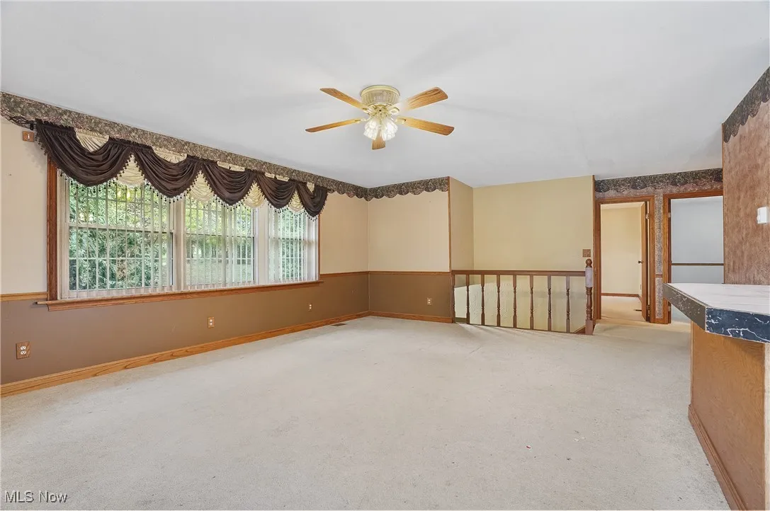 Spare room with light carpet and ceiling fan