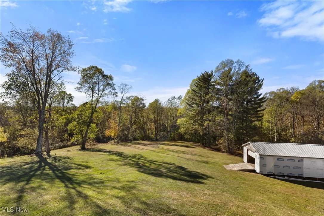View of green lawn featuring an outdoor structure and a view of trees