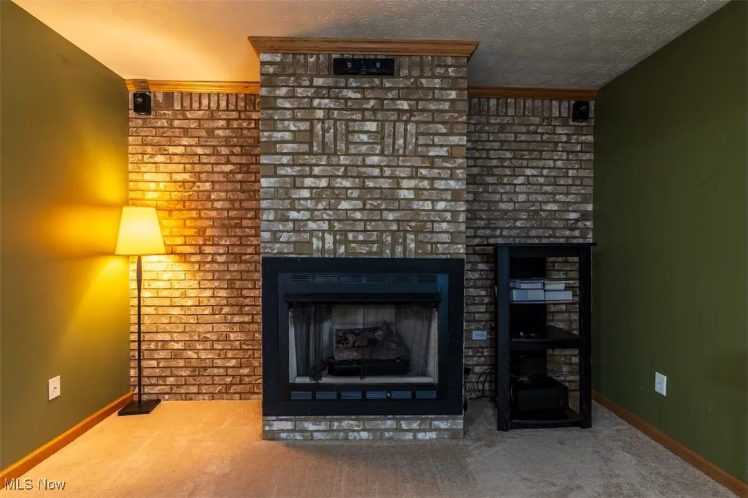 Detailed view of carpet flooring, a textured ceiling, and a fireplace