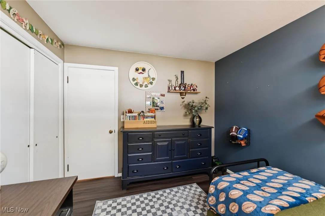 Bedroom featuring dark wood-type flooring and a closet