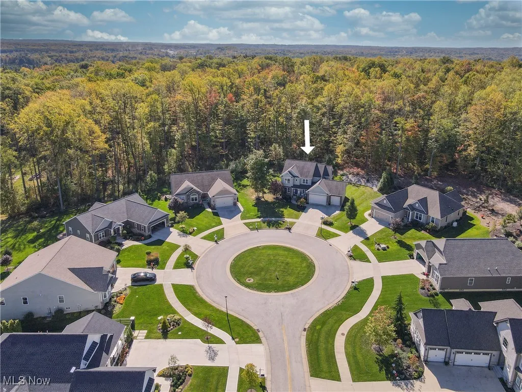 Aerial perspective of suburban area with a heavily wooded area