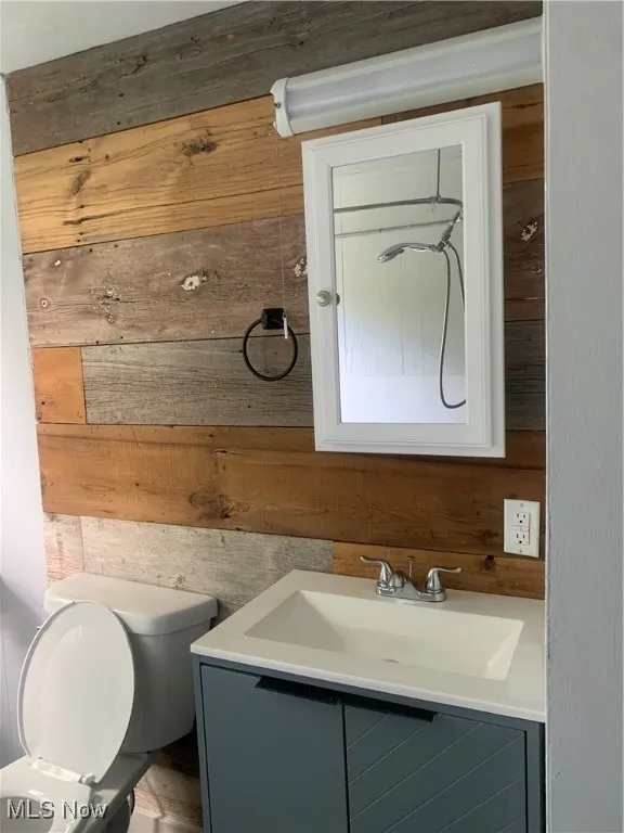 Bathroom featuring wooden walls and vanity