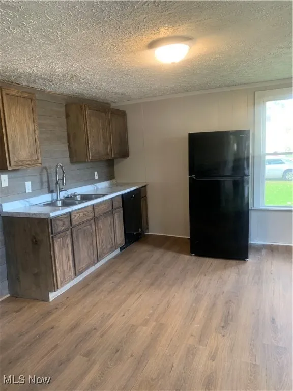 Kitchen with light countertops, fridge, light wood-type flooring, crown molding, and dishwashing machine