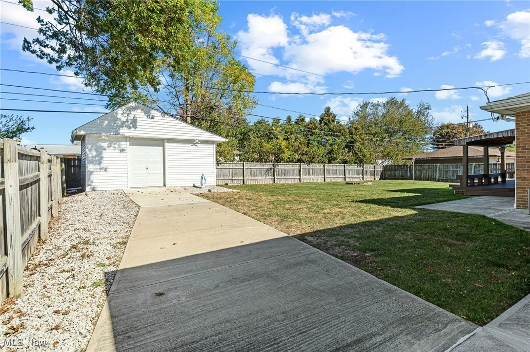 Fenced backyard with an outdoor structure