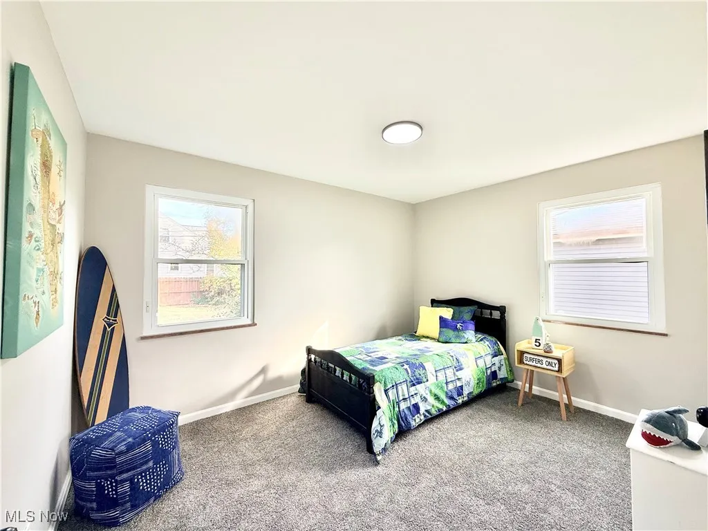 Carpeted bedroom featuring multiple windows
