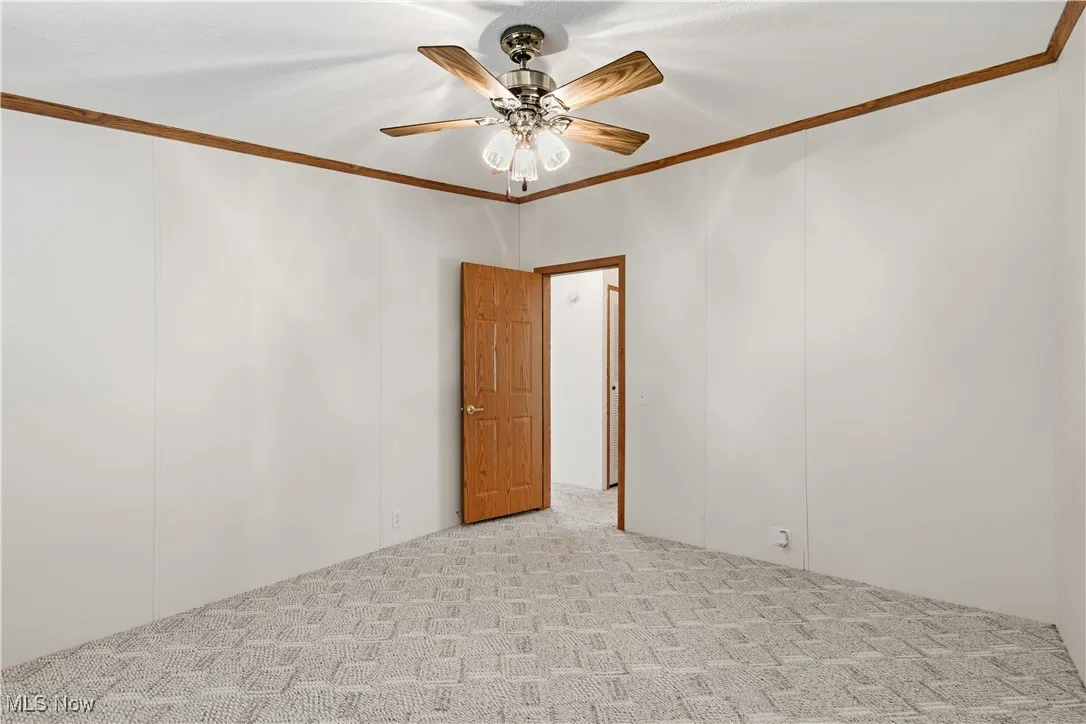 Empty room featuring crown molding, carpet flooring, and a ceiling fan