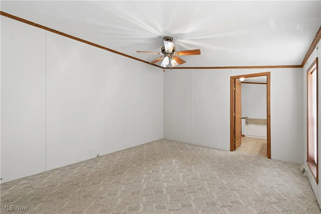 Spare room featuring ornamental molding, light carpet, and ceiling fan