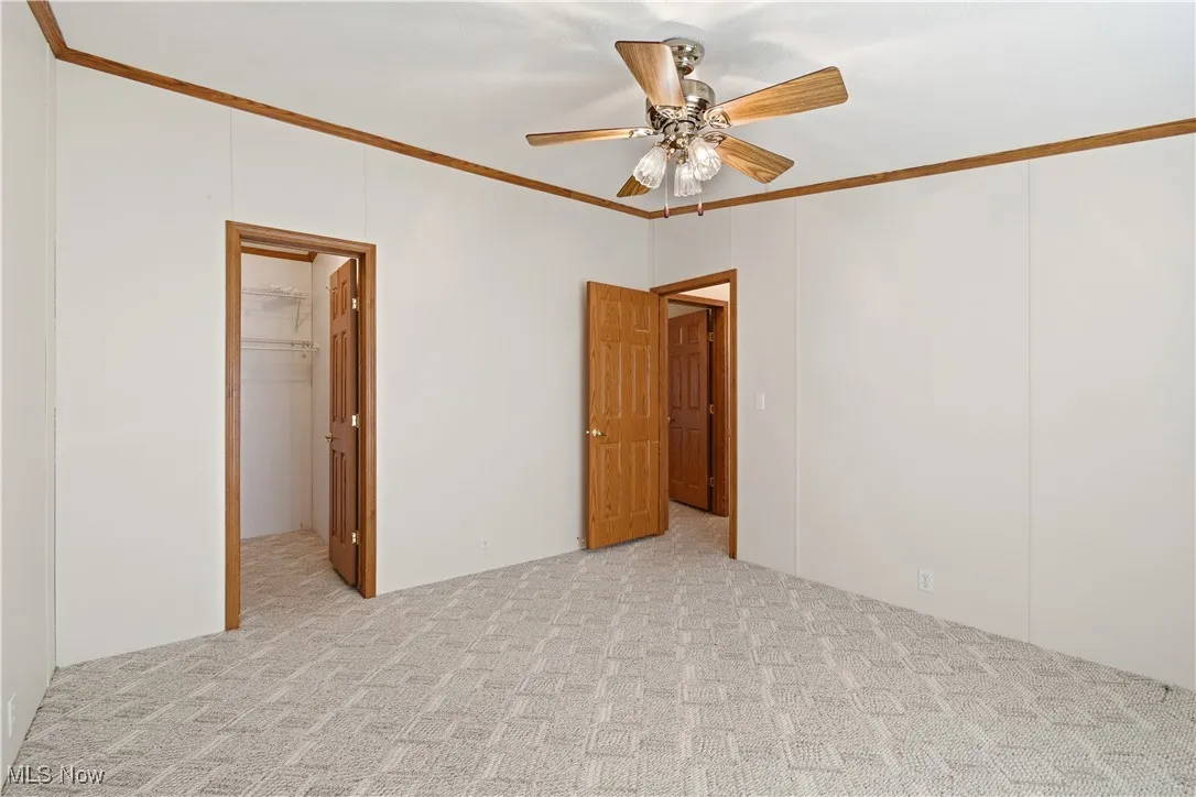 Spare room featuring ornamental molding, light carpet, and a ceiling fan