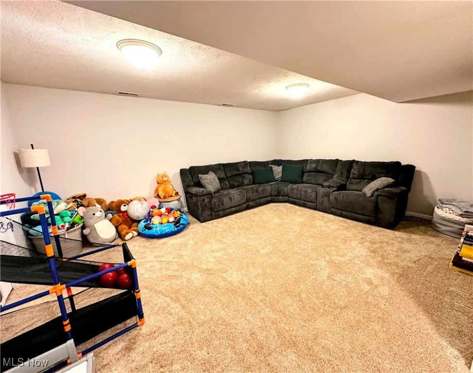 Carpeted living room featuring a textured ceiling