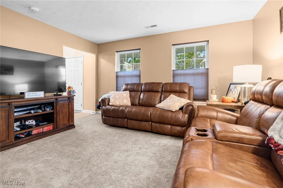 Living room featuring carpet floors and a textured ceiling