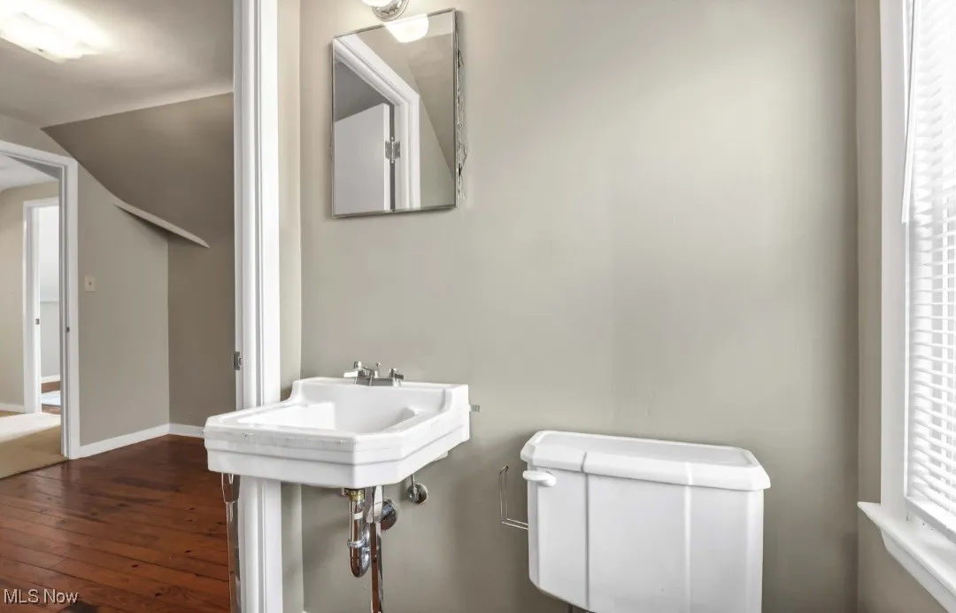 Bathroom with healthy amount of natural light and dark wood-type flooring