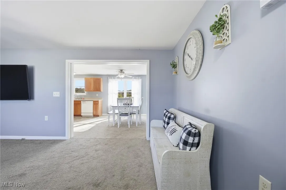 Corridor featuring light carpet and baseboards