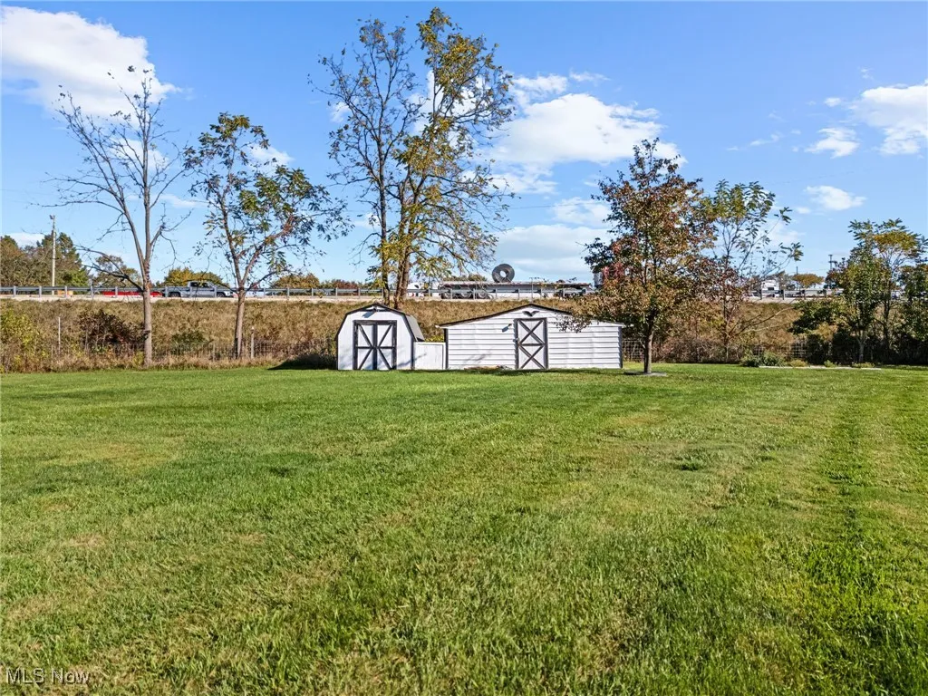View of green lawn with a storage unit