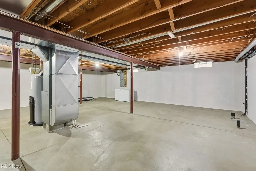 Unfinished below grade area with heating unit, water heater, and electric panel