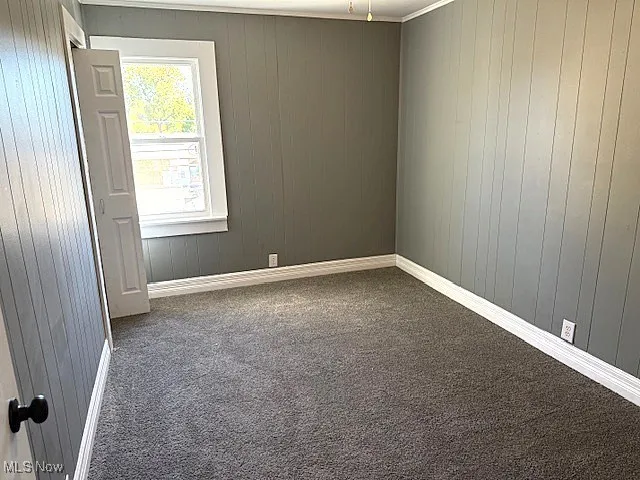 Spare room featuring dark colored carpet and wooden walls