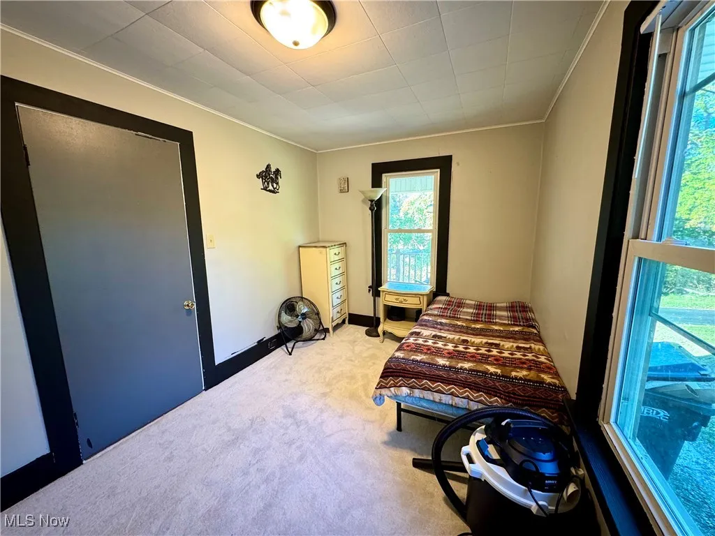 Bedroom with carpet flooring and ornamental molding